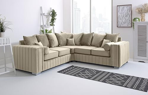 Plüsch-Samt 5-Sitzer Ecksofa Set Creme Polstersofas für Wohnzimmer Scatterback Couches Sofahub Creme Ecksofa