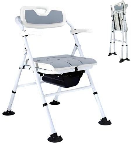 CYHWQ Toilettenstuhl für Senioren, Duschstuhl Klappbar mit Gepolsterter Sitzplatte und Toiletteneimer, Toilettenstuhl Höhenverstellbar Faltbar WC Stuhl mit Armlehne und Rückenlehne