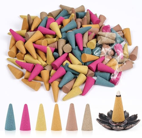 AUAUY Cônes D'encens, 120 Pcs Cônes Encens Naturel avec 1 Porte-Encens, 6 Parfums Naturels Dont Rose, Jasmin, Osmanthus, Océan, Bois de Santal, Armoise, pour Méditation, Yoga, Détente