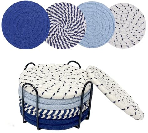 Tootesa Untersetzer für Getränke,8 Stück Handgemachte Untersetzer Gläser mit Halter,Runde Untersetzer aus Baumwolle,Abwaschbar Verschleißfest Tasse Matten Tisch Deko (Blau 4-Farbig)