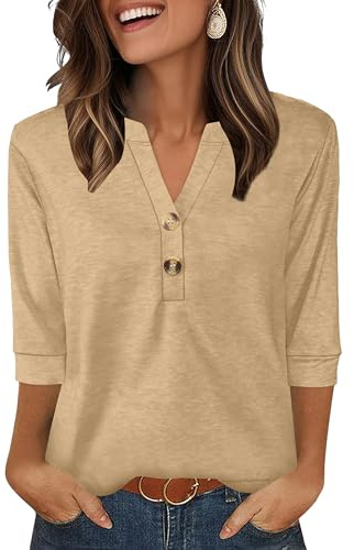 Aokosor Womens 3/4 Sleeve Tops Ladies Blouse V Neck Tunic Long Sleeve T Shirts Curved Hem Office Wear