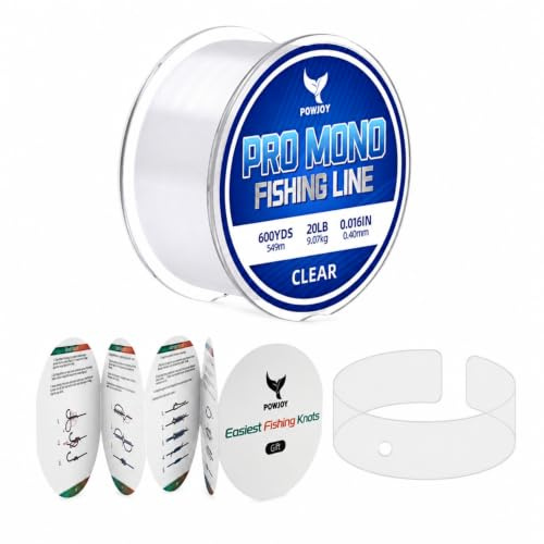 POWJOY 20lb Clear Monofilament Fishing Line 600Yds, No‑Tangle Snap Ring, Low-Stretch Nylon Mono String with Knot Guide, Invisible Underwater & Abrasion Resistant, Multi purpose for hanging decorations