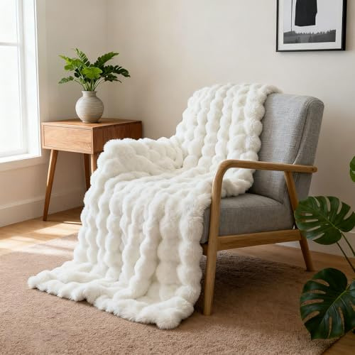 Bubble Kuscheldecke,Flauschige Doppelseitige Decke aus Flanell & Kaninchenfellimitat, Super Soft Sofa- & Wohndecke, 1000 g/m²Dick & Warm für Bett, Couch, Wohnzimmer & Büro (Weiß, 100x160CM)