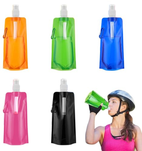 DOKRIN Gourdes de camping et randonnée Lot de 5 gourdes pliables de 500 ml, sans BPA, réutilisables, pour festivals, sports de plein air, voyages, vélo et randonnée.
