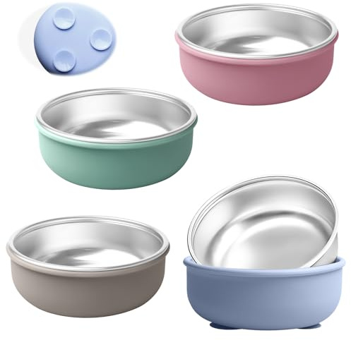 LEKEFETO 4 Stück Edelstahl Babyteller Mit Saugnapf: 2-In-1 Edelstahl & Silikon Kinder Schüssel, Abnehmbare Silikonschale, Rutschfest Breischale Baby Mit Saugnapf Für Spülmaschine Mikrowelle, BPA-Frei