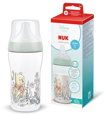 NUK Perfect Match Baby Bottle | 0+ Months | 260ml | Anti Colic Feeding Bottle | PP | Temperature Control Indicator | Winnie The Pooh | 1 Count