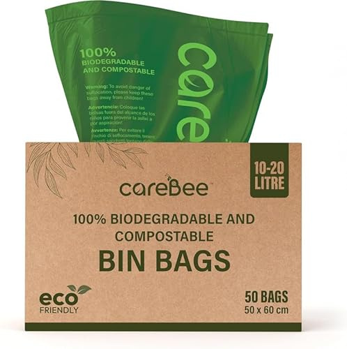 CareeBee Biodegradable Kitchen Bin Bags– 100% Compostable, Made from Corn Starch & PBAT– Eco-Friendly, Leak-proof, Tear-Resistant– Food Waste Bags for Home & Office (10-20L, 50 Bags)