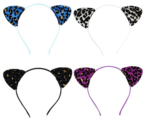 jojofuny 4 Stück Pack Katzenohren Haarbänder Glitzer Leopardenmuster Haarreif Party Stirnband für Maskenball Kostüm und Alltag
