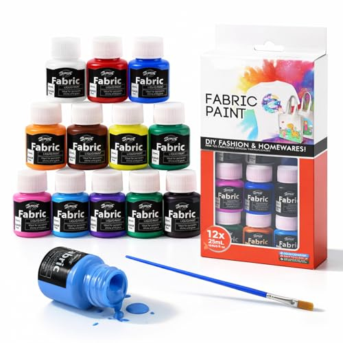 Textilfarbe Waschmaschinenfest Set 12×25 ml – Stoffmalfarben Waschfest für T-Shirt, Jeans & Stoffe – Intensive Textilfarben für DIY, Kleidung, Taschen & Schuhe