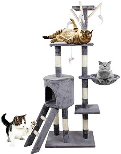 Katzenbaum Kratzpfosten Aktivitätszentrum Kletterturm 140cm mit Hochwertigem Sisal Gemütliches Katzenhaus für Wohnungskatzen Spielen und Ruhen Grau
