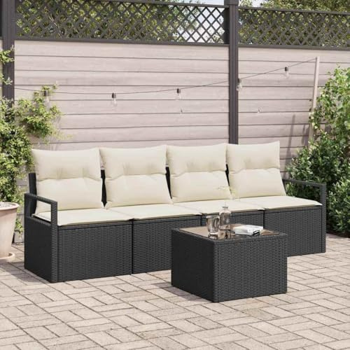 Kaloriko Garten Loungeset 5-teilig, Schwarz Creme Poly-Rattan, UV-beständig, mit Kissen, Outdoor Terrassenmöbel Set, Stahlrahmen