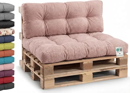 Gutekissen® Palettenkissen Cord, Gartensofakissen, Gesteppte Kissen gefüllt mit granuliertem Poulirette-Schaum PPI (Set (Sitzkissen 120x80 +Rückenlehne 120x40), Pink-Cord)