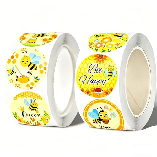Bienen Sticker Rolle – 1000 Stück, 8 verschiedene Motive,Selbstklebend | Einfach ablösbar, ideal für Honiggläser, Geschenke, Umschläge, Basteln, Belohnungen für Kinder und Schüler