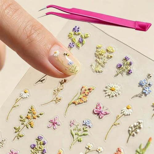 YTonHal 3D Embossed Flower Nail Art Stickers - 1 Sheet & Tweezers | Self-Adhesive 5D Floral Decals | 60+ Daisy, Bee & Lavender | Easy Peel & Bubble-Free Press