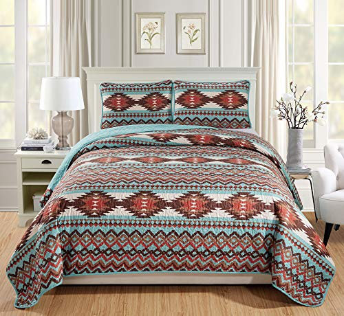 Rugs 4 Less Rustikales Southwester-Bettwäsche-Set mit Steppmuster im Western-Stil, mit Tribal-Indianer-Mustern – Utah (Türkis, Doppelbett)