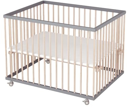 Sämann Laufstall Baby 75x100 cm | TÜV geprüft 2023 | stufenlos höhenverstellbar | Laufgitter Premium | Babybett aus Holz | Krabbelgitter Komplettset grau/natur