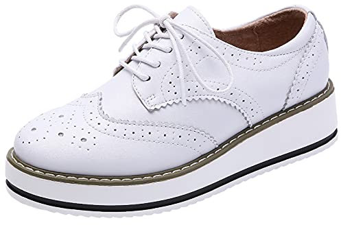 ANUFER Mujer con Cordones Brogues Zapatos Deportivos Casual Plataforma Creepers Blanco Mate SN02887 EU38