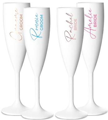 Personalised Champagne Premium Flute Glass Bride Groom Mr Mrs Wedding Maid Honour Any Name Wine Cocktail Prosecco Gift (White, Bride + Groom Set)