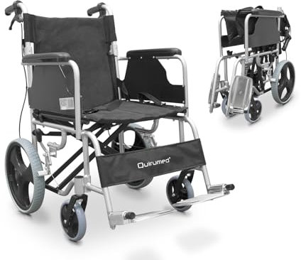 QUIRUMED Carrozzina da viaggio in alluminio, Seduta 46 cm, Carrozzina da transito, per trasferimento, Pieghevole, Leggera, Cintura di sicurezza, Poggiapiedi pieghevole