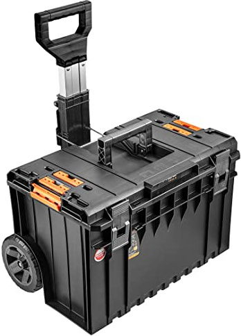 NEO TOOLS Modulare Werkzeugbox auf Rädern, ausziehbarer verstellbarer Griff | Stabile Verbinder, Stabile Konstruktion, Dichtung im Deckel, Schneidführung mit Maßband, Trennwand, 585x460x765mm