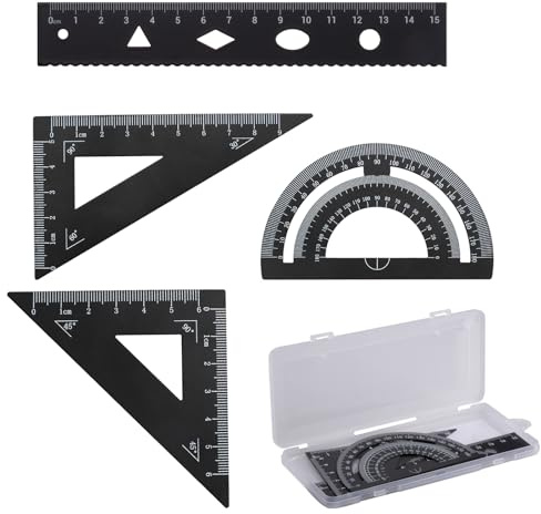 inodiref Kit Geometria Geometria in Alluminio Righello 15 cm, Goniometro 180°, Triangolo 60°, Triangolo 45°per gli allevamenti architetti ingegneri e disegnatori(nero)
