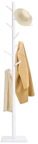 Yawinhe Garderobenständer, Kleiderständer aus Massivholz,Garderobe in Baumform mit Anti-Rutsch-Pad,180cm Höhe,Mit 8-Haken und 3-verstellbaren Höhen,für Eingänge,Wohnzimmer,Weiß,1 Pack