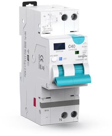 Disyuntor Diferencial Wi-Fi Tuya Smart RCBO Disyunción en Intensidad 1-40A,Corriente de Fuga 30-100mA,Sobre Voltaje,Alta Temperatura,Sobrepotencia-Rearmado Automático-Medición fugas TONGOU 2025