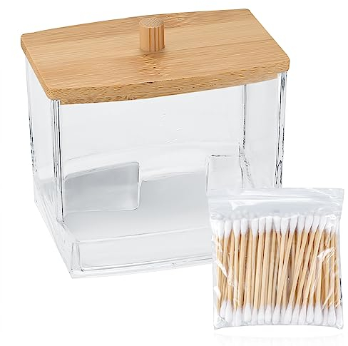 Contenitori per Cotton Fioc, Porta Dispenser Trasparente per Cotton Fioc/Dischetti Struccanti/Qtips/Palline di Cotone con Bambù Coperchio per Bagno, con 100 Bastoncini Cotone - Piazza