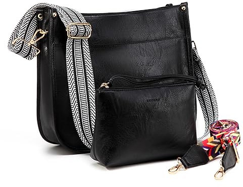 Erideno Crossbody Geldbörsen für Damen Trendy - Veganes Leder Schultertasche Designer Hobo Handtaschen mit 2 breiten Riemen, B-schwarz, 11.5 x 3.1 x 10.2