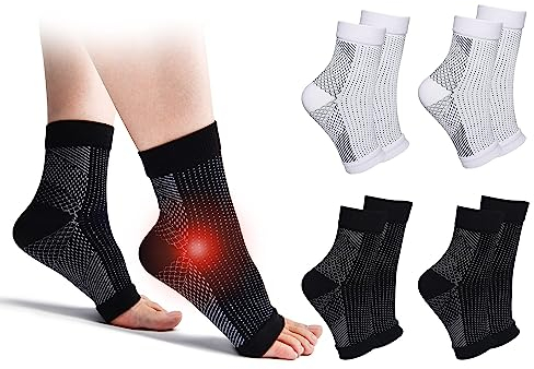 4 Paar Kompressionssocken Damen Herren Sprunggelenkbandage Kompressionsstrümpfe Knöchelbandage Fußbandage für Plantarfasziitis Arthritis Verstauchte Knöchel Fersensporn Sport (Schwarz+Weiß, 47-51)