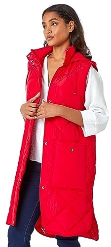 Roman Originals Quilted Gilet with Hood for Women UK Ladies Sleeveless Coat Hooded Jacket Padded Bodywarmer Winter Lightweight Warm Autumn Funnel Neck Longline Soft Bubbly - Red - Size 10