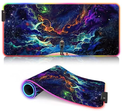 Tapis Souris Jeu LED RGB 14 Modes Lumineux Tapis Souris Jeu Extra Large Tapis Souris Jeu en Tapis antidérapant Clavier étendu et Tapis Souris Tapis Homme Chiot Universel 15,7 x 35,4 Pouces