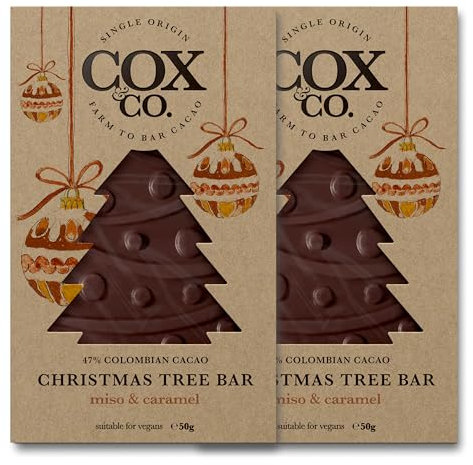 Cox&Co. Christmas Chocolates - 2 x 50g Miso & Caramel 47% Dark Chocolate Christmas Tree in a Gift Box - Luxury Single Origin Colombian Cacao - Sustainable Gifts