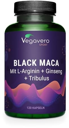 Black Maca 5000 mg + L-Arginin | Tribulus, Ginseng, Zink | hochdosiert: 10:1 Extrakt | Vegan & Ohne Zusätze | 120 Kapseln | Deutsche Produktion von Vegavero®