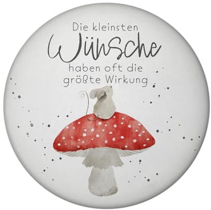 Maus auf Fliegenpilz Magnet rund mit Flaschenöffner rund mit Spruch Kleinste Wünsche größte Wirkung Träumender Wunsch-Pilz Gezeichnete Maus Punkte Glück zum Geburtstag