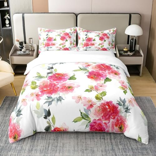 Homewish Coton, Ensemble de Literie Floral 220x240, Housse de Couette Fleur Aquarelle pour Femme, Parure de Lit Botanique Abstrait Rose Rouge, Housse Couette Moderne Feuilles Printemps