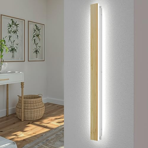 AOEH LED Wandleuchte Innen Holz Wandlampe Dimmbare Mit Fernbedienung Lange Wandleuchte Aus Bambus 41W Lampen Holz Wandbeleuchtung Modern Wandlampe Für Schlafzimmer Wohnzimmer Flur Treppenhaus,115cm