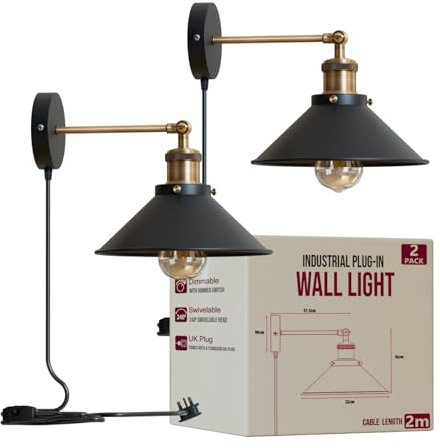 LEDSone Retro Plug in Wall Light Lamps with 2m Plug in Cable Cord and Dimmer Switch, Edison Metal Swing Adjustable E27 Wall Sconce, Vintage Industrial Indoor Reading Bedside Lamp (Black 2 Pack)