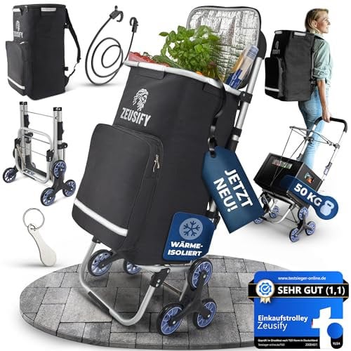 Zeusify Einkaufstrolley Klappbar [XXL Kühlfach] Hackenporsche Treppensteiger 50L Volumen Einkaufstasche mit Rollen, Wasserfest, Faltbar (Schwarz, 50 L)