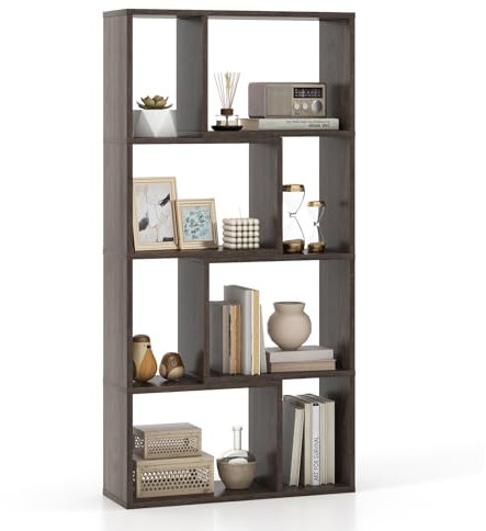 COSTWAY 8-Cube Geometric Bookshelf, 120cm Wooden Bookcase Storage Rack with Anti-Toppling Device, Freestanding Modern Display Shelving Unit Room Divider for Study Bedroom Living Room (Grey)