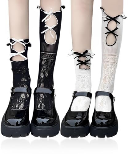 KGDUYC Damen-Socken Mittlere Wadenschleife, Spitzen-Rüschensocken für Damen, weiße, blickdichte Rüschen-Baumwolle, Prinzessinnen-Stil, wunderschöne Kleidersocken (2 Paar)