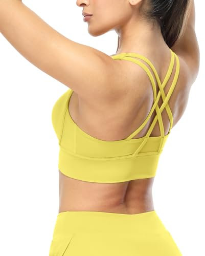 icyzone Damen Sport BH Starker Halt Gepolstert Training Yoga Top Fitness Gym BH (S, Yellow)