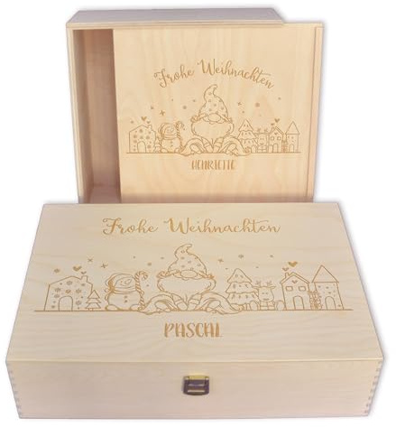 Feenstaub Personalisierte Holzbox mit Deckel, Geschenkbox Weihnachten, Holzkiste mit Deckel graviert mit Namen, Geschenkverpackung Weihnachten, dekorative Holzkiste mit Gravur, Holz Box Wichtel
