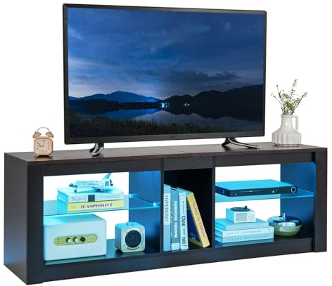 CASART LED TV Cabinet for 65 inch TVs, 140cm Entertainment Center TV Unit with Adjustable Glass Shelves & 20 RGB Light Colors, Modern Media TV Console Table for Living Room Bedroom | Adjustable Glass Shelves & 20 RGB Light Colors, Modern Media TV Console Table for Living Room Bedroom
