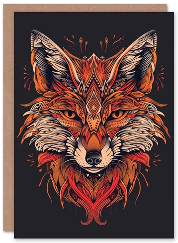 Artery8 Fox Head Bold Orange Black Modern Tribal Design Blank For Him Or Her Art Birthday Card