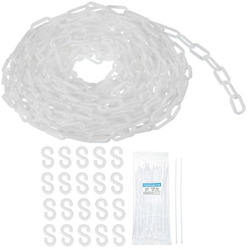 sourcing map Plastic Chain 100 FT/30.5 M, Safety Chain White Plastic Chain Link Barrier with Zip Ties and S-Hooks for Crowd Control Queue Line Fence Decoration