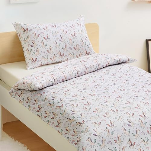 Amazon Basics Wendbarer Mikrofaser-Bettbezug für Kinder, 100 x 135 cm, mit 1 Kissenbezug (40 x 60 cm), Set für Babybett, Einhorn und Regenbogen
