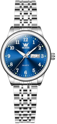 OLEVS Damen Uhr Blau Kleines Gesicht Analoger Quarz Business Kleid Uhr Klassisches Arabische Ziffern Edelstahl Band Armbanduhr Damen Stylish Leuchtend Wasserdicht Tag Datum Damenuhren