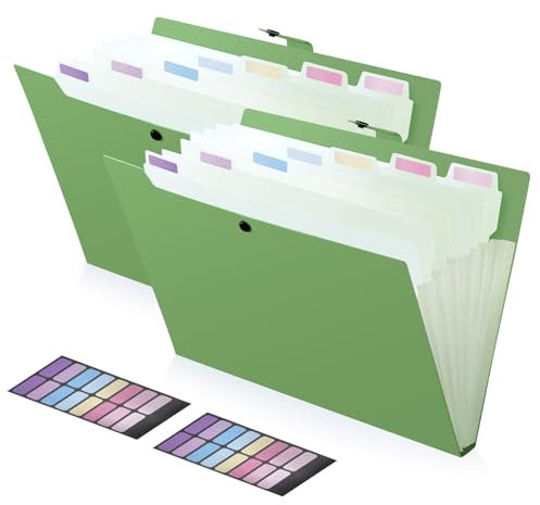 FRETONBA Fächermappe A4 mit 8 Fächer, Dokumentenmappe 2 Stück, Schnellhefter A4 Plastik Stabil Gestaltung des Etiketts, Ringbuch Knopfdesign Verhindert Streuung, Register für Ordner, Grün