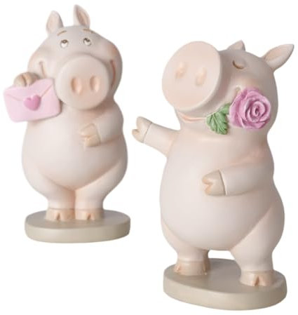 MF Deko Schweinchen Figuren Set, 2 Stück, 10,5 cm, Kunstharz, Rosa mit Blume und Brief